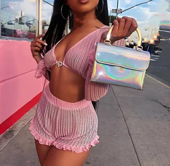 

Cute Ruffled Mesh Trim Pink Shorts Two Piece Set Women Boho Knitted Crop Top And High Waist Shorts Outfits Streetwear