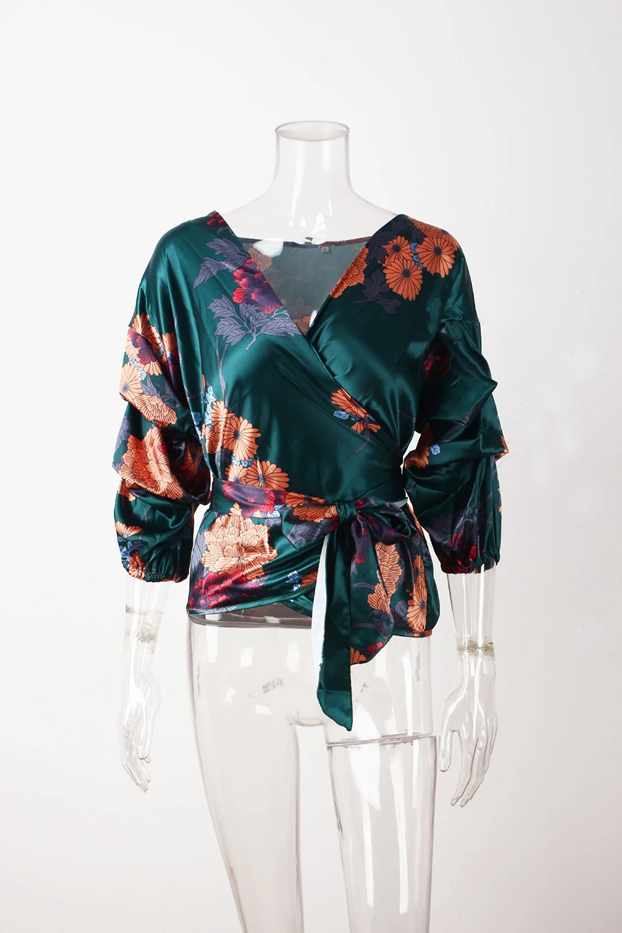 Elegant Women Spring Summer Shirts Boho Style Floral Print Chiffon Tops Blouse V-neck Belt-Bow Shirt Fashion Women's clothing (12)