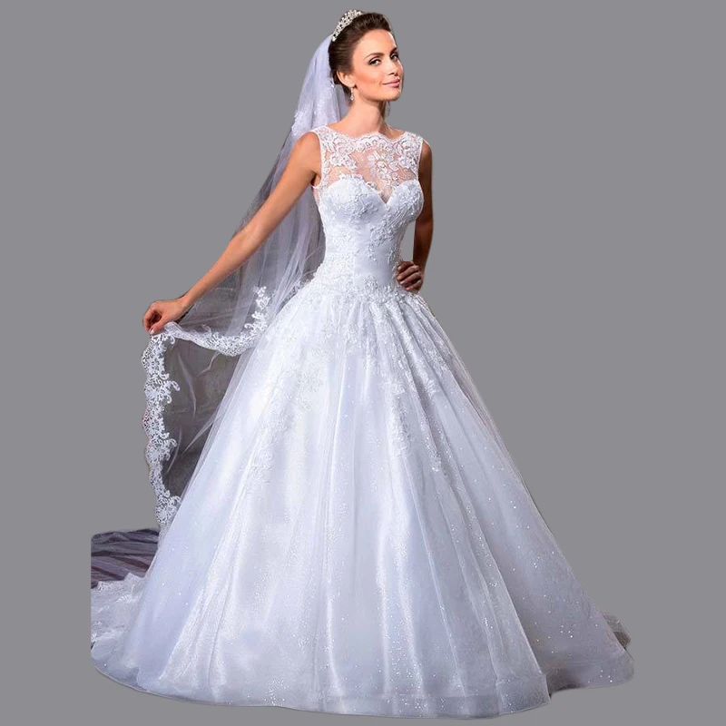 Gold Belt Sheer White Chiffon Wedding Dresses Appliques Bridal Gowns