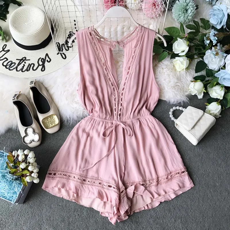 Casual Romper Women Jumpsuit Solid Bodysuit Summer V-Neck Overalls For Women Macacao Feminino Combinaison Femme Casual Romper Women Jumpsuit Solid Bodysuit Summer V-Neck Overalls For Women Macacao Feminino Combinaison Femme
