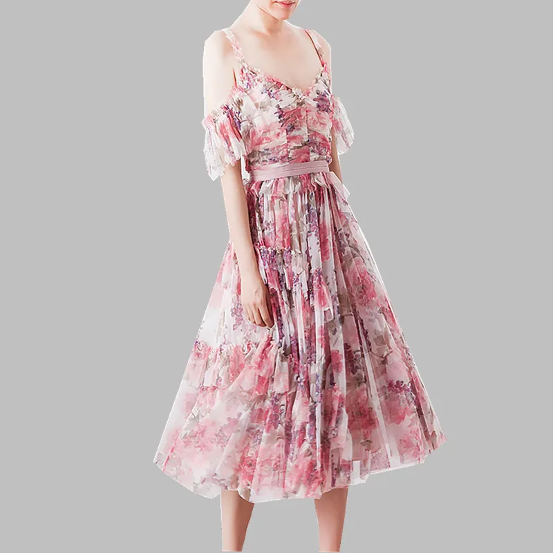 

New Summer Holiday Beach Dress Runway Designer Women Pink Double-Deck Mesh Floral Print Dress Sexy Spaghetti Strap Ruffles Dress