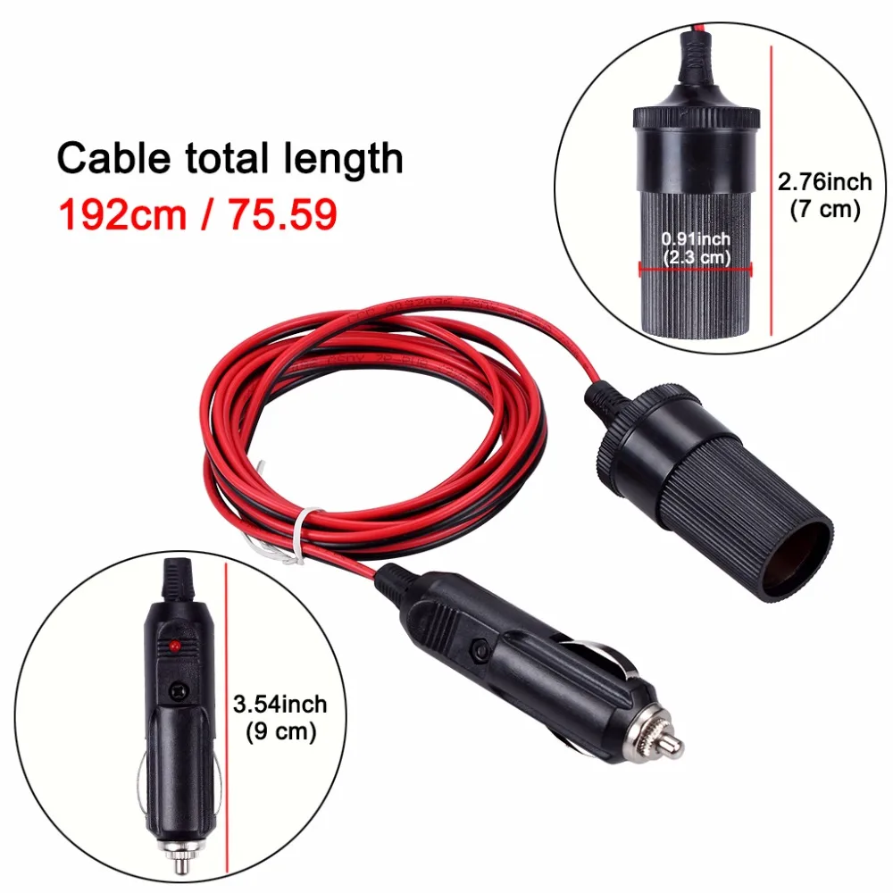 

Vehicle Cigarette Lighter Extension Cable With Indicator light 12V/24V Car Charger Extend Cord Red And Black Line-6.56ft