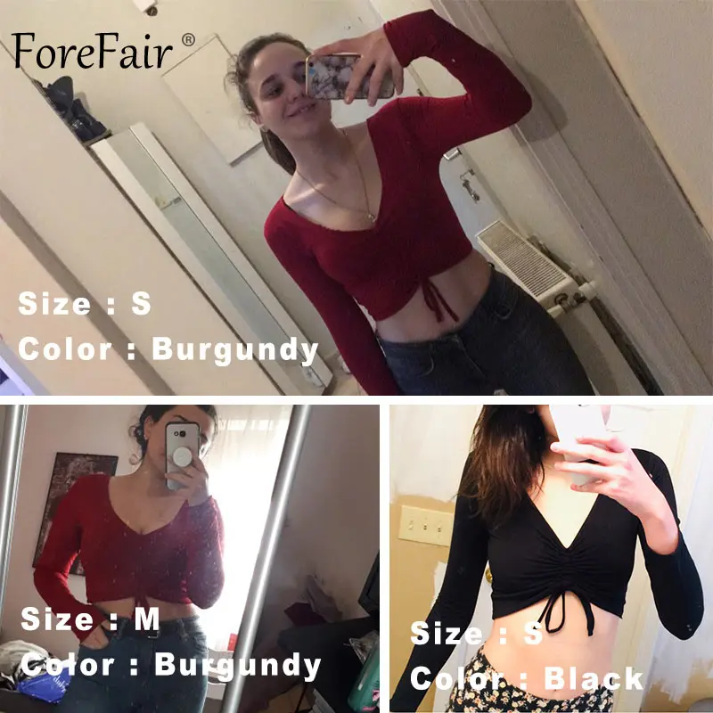 Forefair V الرقبة مثير طويل كم المحاصيل قمم النساء الخريف Ruched الدانتيل يصل عارضة المحملة قميص أسود الشتاء قمصان النساء 2018