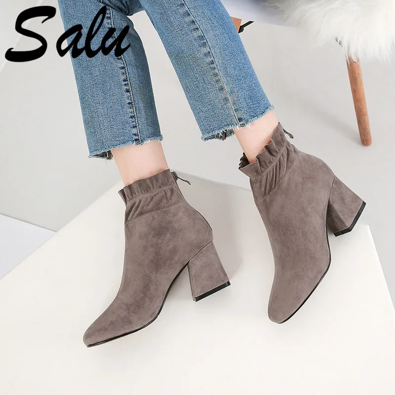 

Salu Fashion Basic Ankle Boots Elegant Ruffles Autumn Winter Short Ladies Shoes Woman Warm Boots Sexy Office