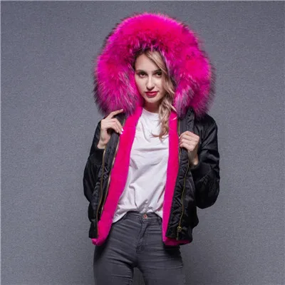 Женская куртка-бомбер, зимняя, настоящая отделка мехом енота, модная, горячая Распродажа, пальто, толстое, теплое, меховое, короткое пальто - Цвет: hot pink