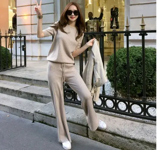 

Spring Women's Sweater Suit Autumn Short Sleeve Knitting Two piece set Female Crop Top Wide Leg Pants Loose Tracksuit