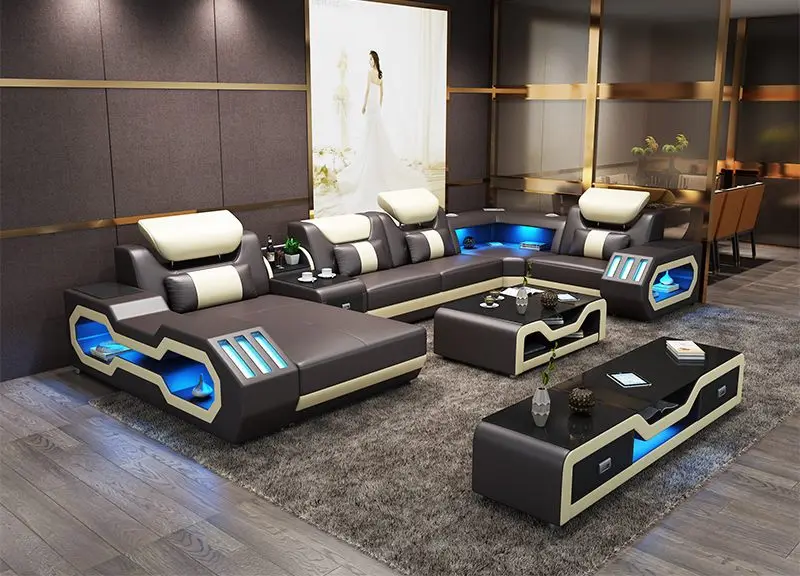 Современный дизайн светодиодный музыкальный плеер USB гостиной диван набор из натуральной кожи диван