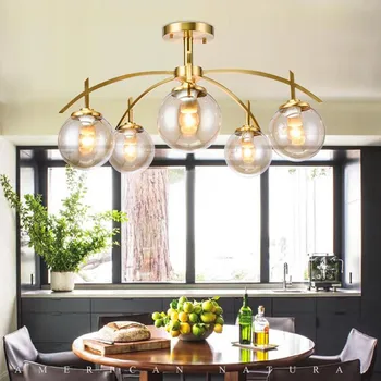 

American Copper Living Room Ceiling LED Lamp Nordic Modern Simple Bedroom Restaurant Glass Lampshade Home Deco Light Fixtures