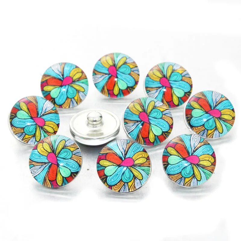 

10PCS/lot Random Mix Colors flower Snap Buttons Beads 18mm Print Glass Fit DIY Snap Bracelets&Bangles Jewelry For Women 7236