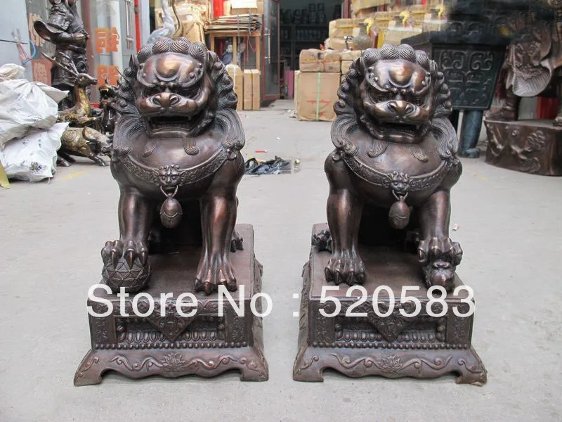 

China Bronze Temple Evil Door Guardian Folk Classic Foo Dog Lion beast Pair