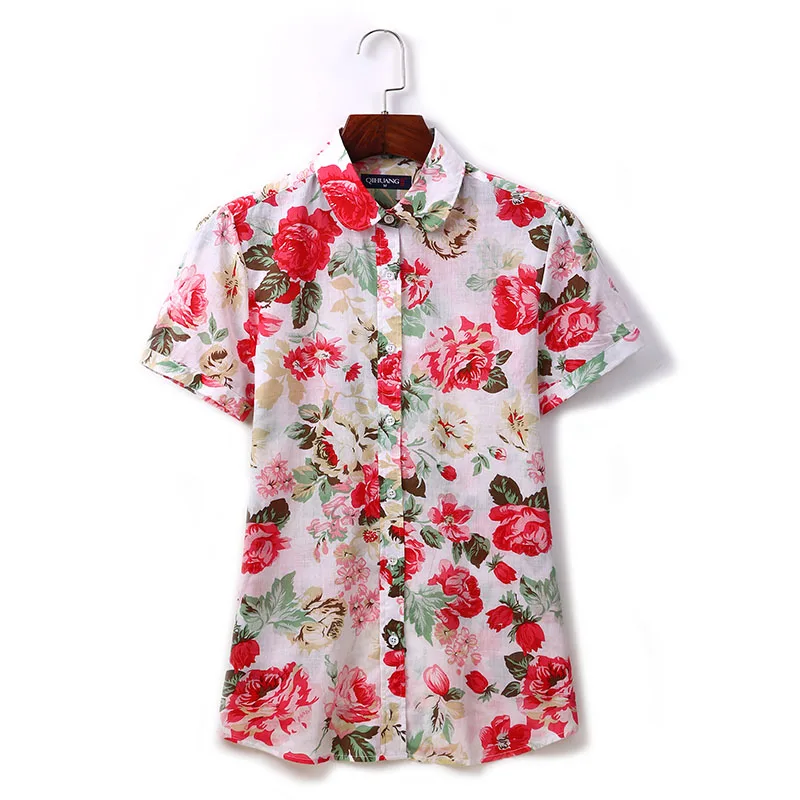 QIHUANG Short Sleeve Women's Shirt Casual Blouses Cotton Turn Down Print Shirt Plus Size Fashion Women Tops and Blouse S-5XL QIHUANG Short Sleeve Women's Shirt Casual Blouses Cotton Turn Down Print Shirt Plus Size Fashion Women Tops and Blouse S-5XL