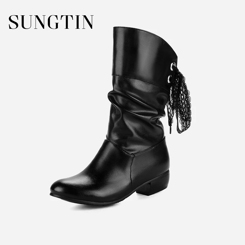 

Sungtin Classic Lace Up Mid-Calf Boots For Women Low Heel Riding Boots Spring Autumn Ladies PU Leather Boots White Large Size