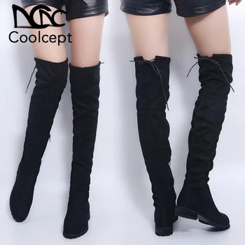 

Coolcept Women Over The Knee Boots Winter Warm Slip On Flats Shoes Zipper Solid Color Fur Round Toe Women Footwear Size 35-43