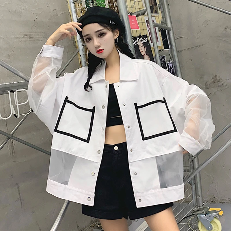

Sun Protection Jacket Women Summer Loose White Mesh Spliced Oversize Sunscreen Jackets Women Casual Big Pocket Windbreaker Coat