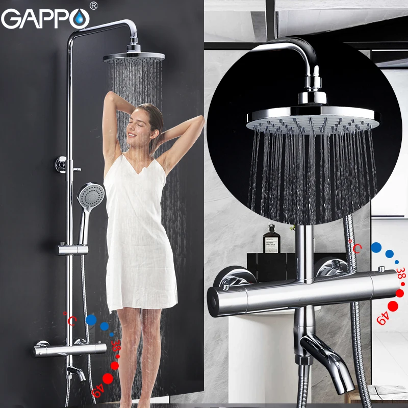 GAPPO Thermostatic Shower System Chrome Black Faucet Bathroom Bath Shower Mixer Set Waterfall Rain Head Bathtub Taps