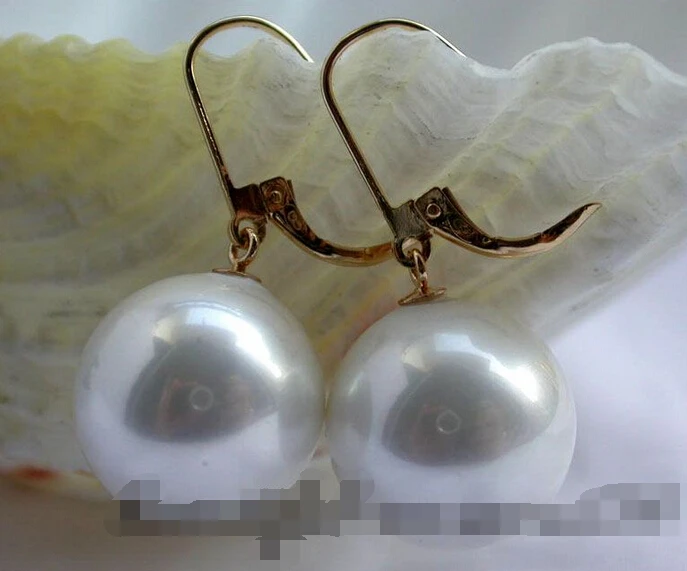 

free shipping 12378 round white south sea shell pearl dangle earring