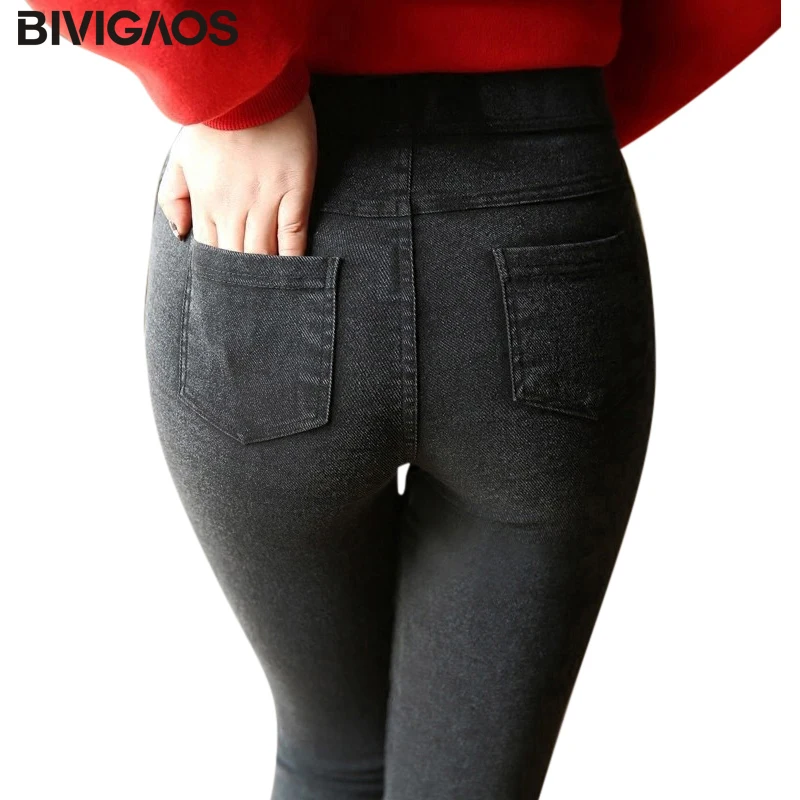 Online BIVIGAOS moda mujer Casual ajustado estiramiento mallas de tejido vaquero Jeggings lápiz pantalones delgados Leggings Jeans ropa de mujer