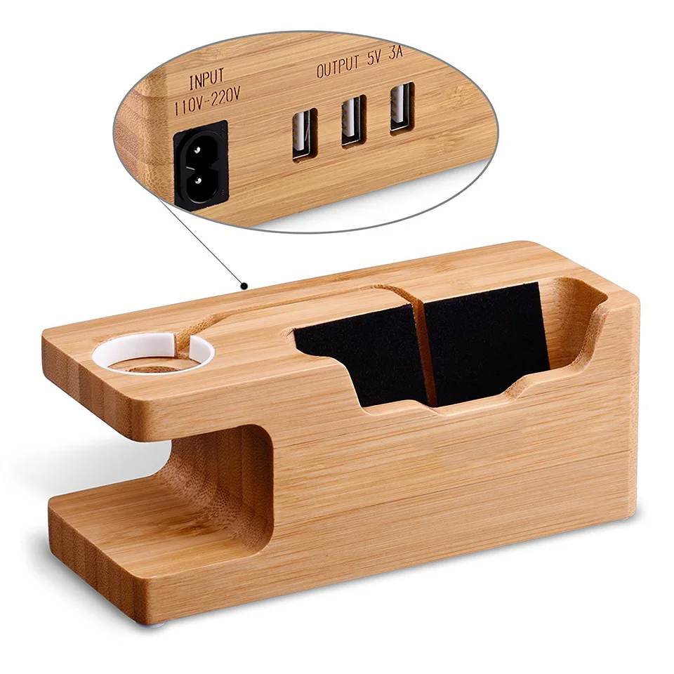 

Bamboo Charger Stand watch Holder for Apple watch 3 USB Ports docktop chargeing Station 5V3A Smart phone Multi-Function Charger
