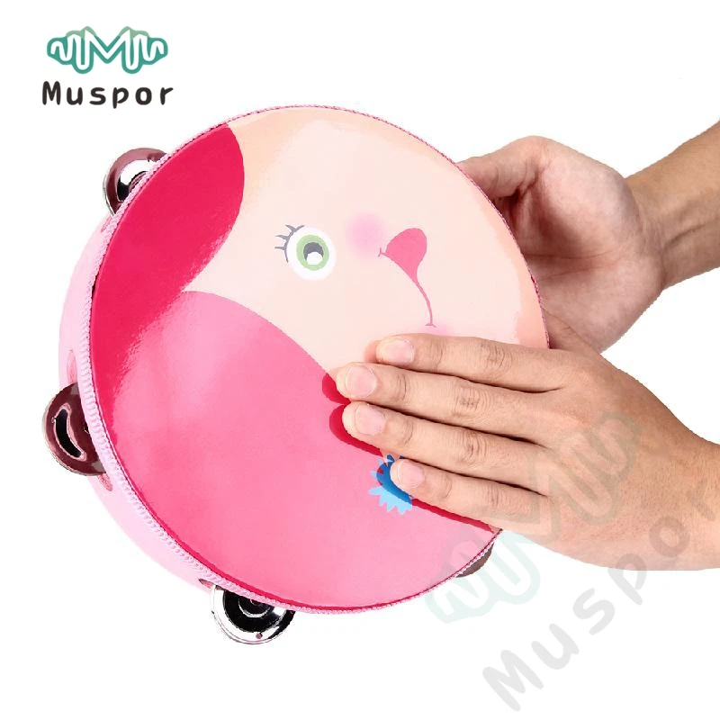 

8" HandBell Rattles Timbrel Tambourine cartoon pattern Hand Bell Percussion Shakers Toy for Kids Orff instruments Pink