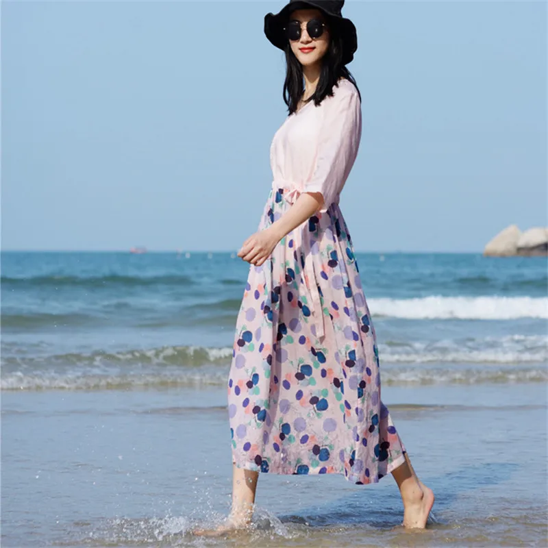 

SCUWLINEN Women Dress 2019 Summer Vintage Floral Print Ramie Dress S932