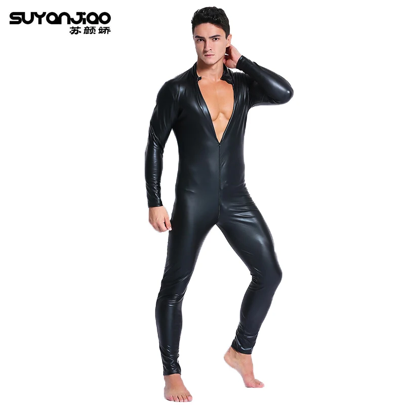 

Patent Leather Zipper Open Crotch Latex Catsuit Jumpsuit Sexy Lingerie for Men Erotic Costumes Spandex Catsuit Bodysuit Clubwear