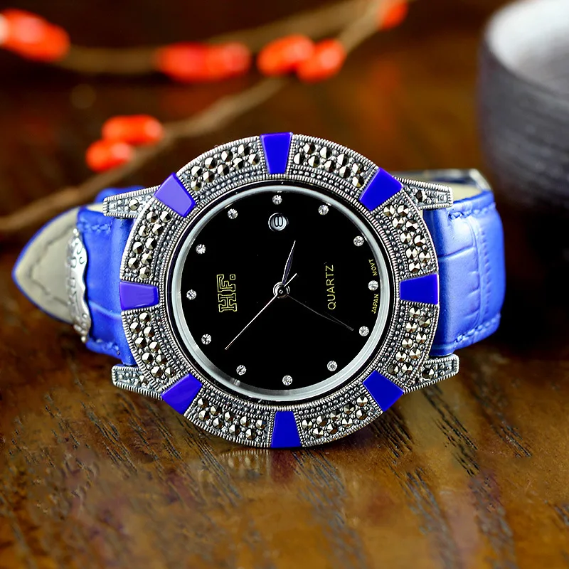 

S925 Silver Inlaid Marcasite Lapis Lazuli Dial Men Watch