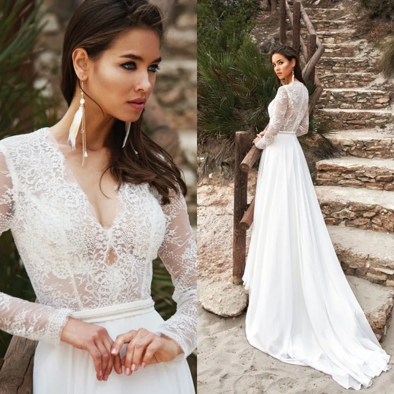 

V Neck Lace Boho Wedding Dress 2019 Long Sleeve Bridal Gowns Custom Made Chiffon Sweep Train Vestido De Novia