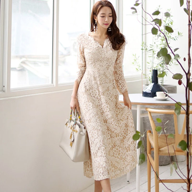 H Han Queen Temperate A-line Lace Dress Women Spring Full