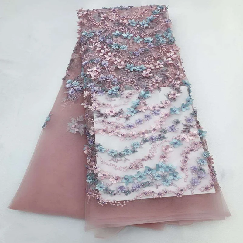 

5 yards Pink African lace fabric,embroidered 3D flower net lace,high quality Nigerian lace fabric with beads for wedding QG930