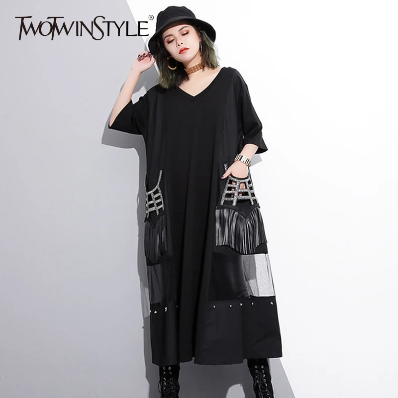 

TWOTWINSTYLE Mesh Patchwork Dress For Women V Neck Tassel Pocket Long Dresses Female Big Size Summer Fashion Harajuku Clothing