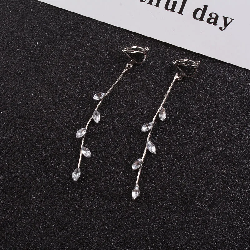 Ear clip earrings charm long crystal rhinestone statement clip on for girls wedding