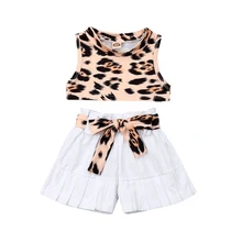 Новая летняя одежда с леопардовым принтом для маленьких девочек из 2 предметов, детские топы, жилет+ короткие штаны, комплект одежды