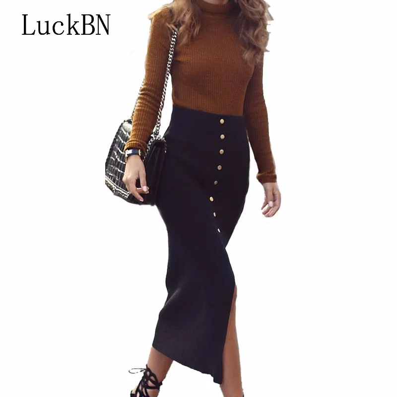 

Skirts Womens 2019 Autumn Winter High Waist Pencil Skirt Elegant Bodycon Skirts Buttons Black Knitted Midi Skirt Female