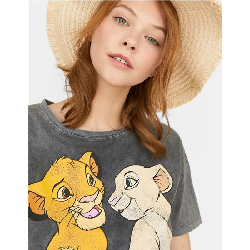 

The Lion King Cartoon Print Short Sleeve Cotton T Shirt Women lions Fashion Casual Black Crew Neck Tshirt Graphic Tee Clothes