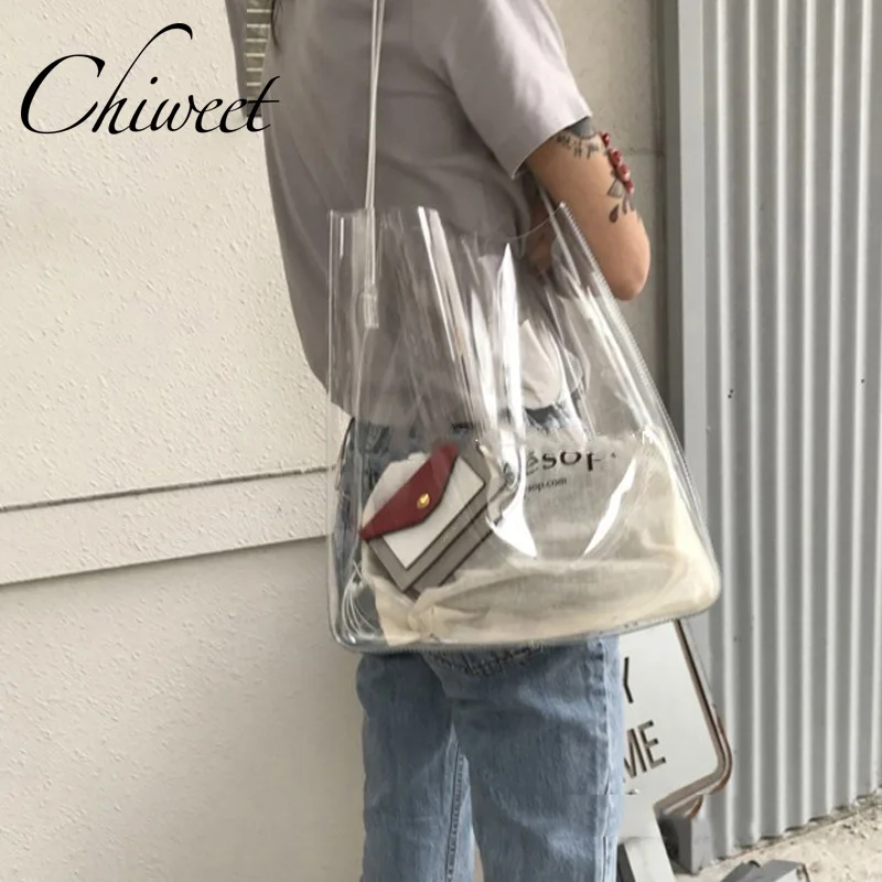 

Transparent Waterproof Island Beach Bags lady Summer 2019 Big Handbags Clear Large Shoulder Bag Brand Girls Jelly Bag Tote