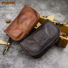 PNDME Винтажный чехол для ключей из натуральной кожи простой тисненый мягкий верхний слой воловья кожа повседневные короткие маленькие молнии кошельки для карточек ключ кошельки