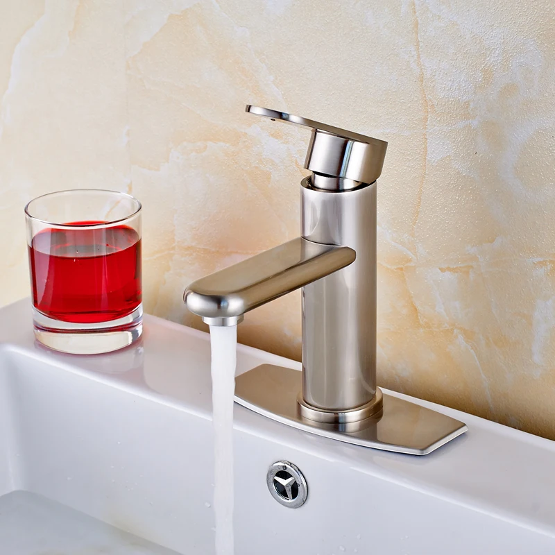 

Free Shipping Bathroom Brushed Nickel Basin Sink Faucet Deck Mounted One Hole Vanity Sink Mixer Tap with 6 Inch Cover Plate