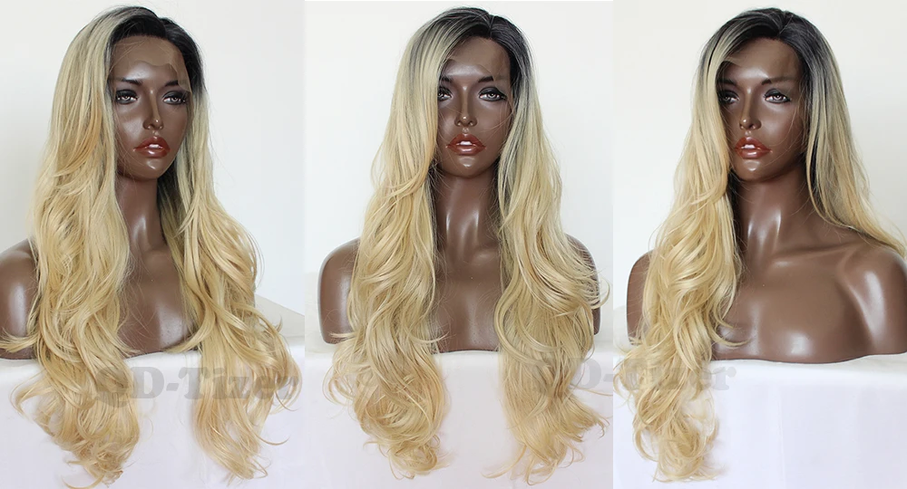 QD-Tizer Long Blonde Hair Wig Silky Ombre Blonde Synthetic Lace Front Wig Natural Wavy Lace Front Wigs For Black Women 5