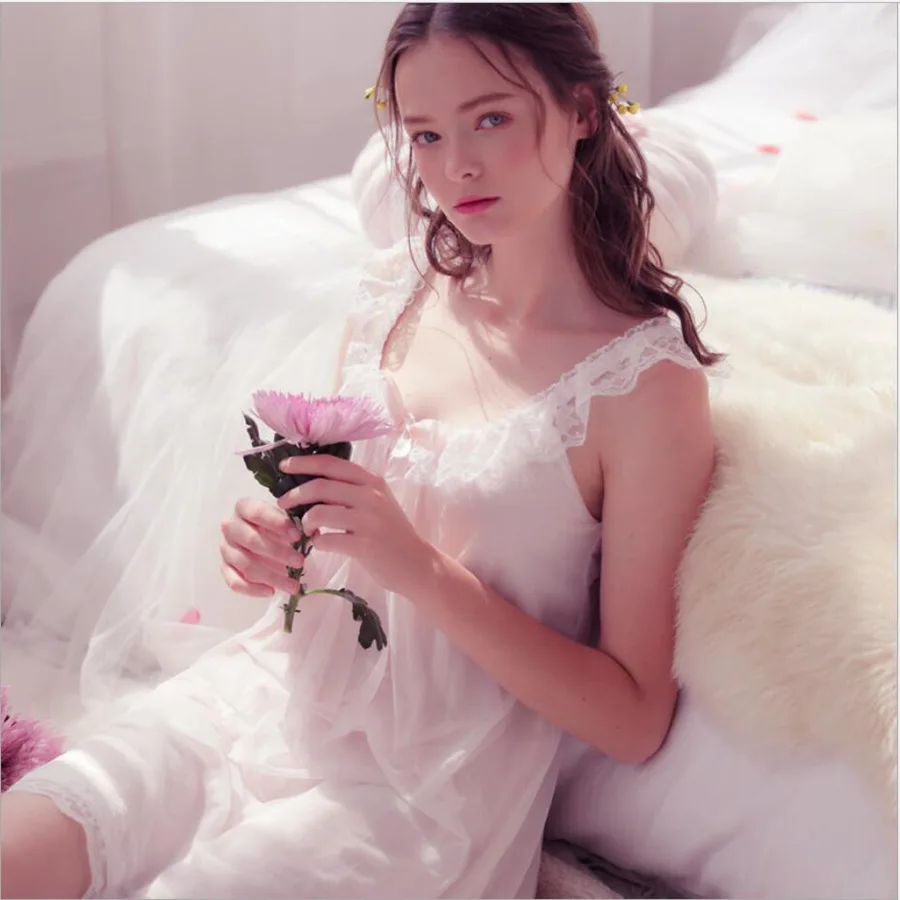 Женские мягкие элегантные длинные ночные рубашки женские сладкая принцесса Спящая Домашняя одежда Леди кружева сексуальная белая розовая ночная рубашка
