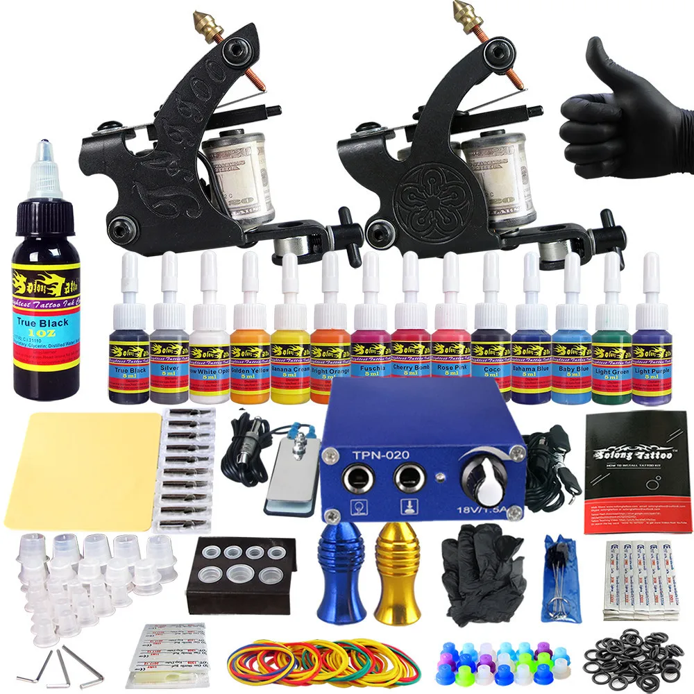 Complete Tattoo Sets Machine for Lining Shader Clip Cord 2 Guns New