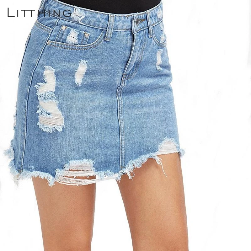 

LITTHING Women Summer Casual High Waist Denim Skirt Light Distressed Mini Pencil Ripped Skirt Short Jean Skirt Bodycon