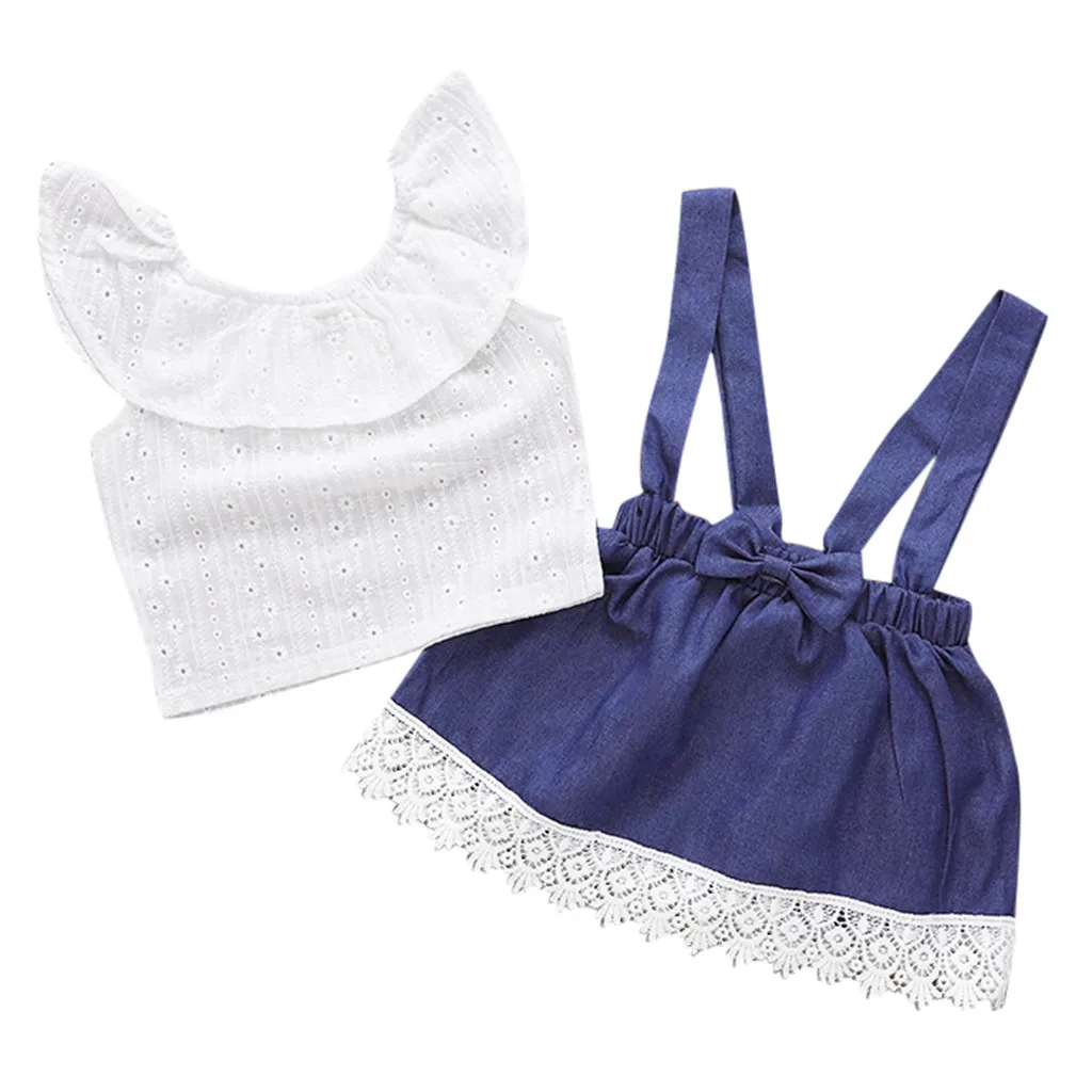 

MUQGEW 2PCs Baby Girl Clothes Set Ruffled Collar T Shirt Suspender Lace Denim Skirt 2PC Sets Outfits roupas menina