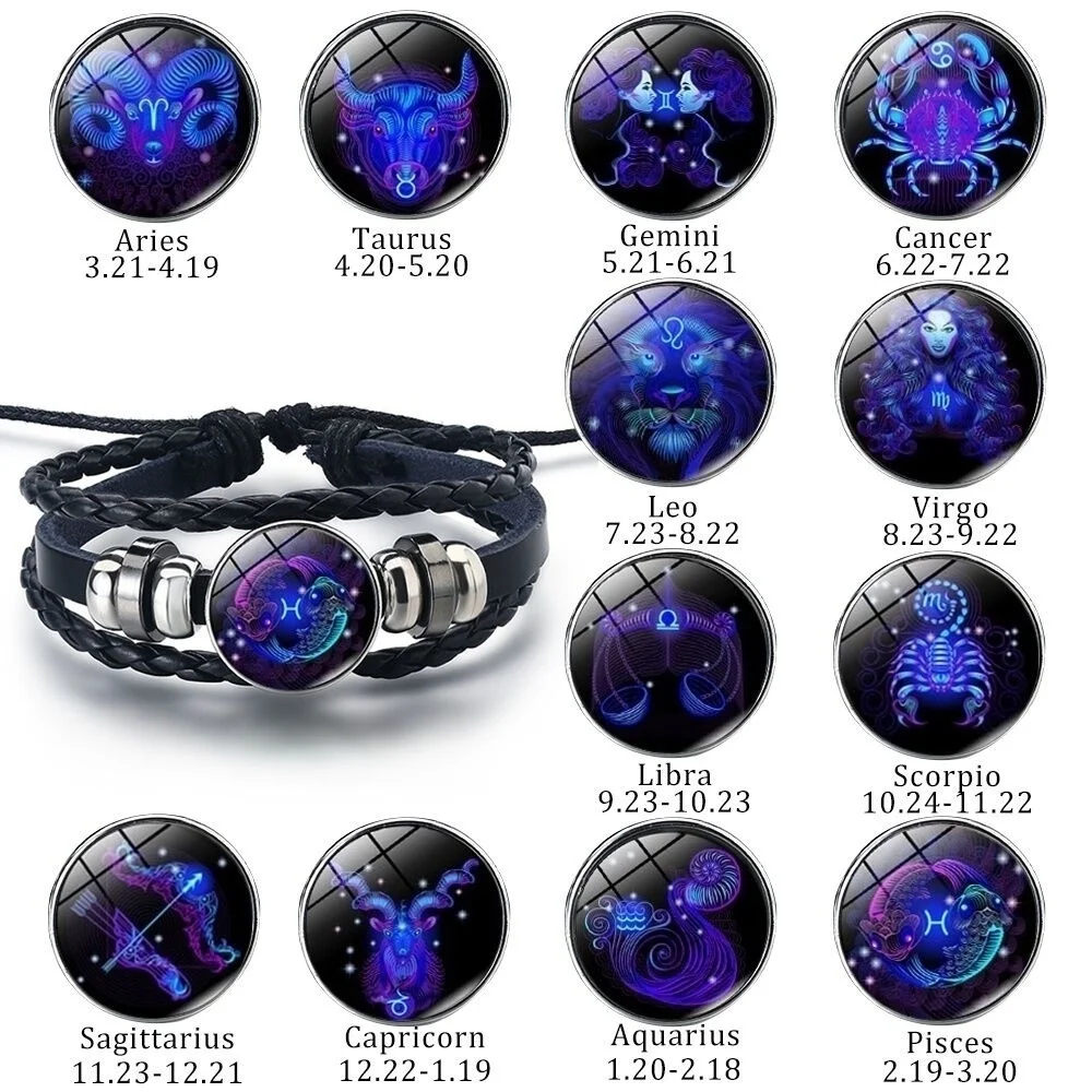 

Classic Hot Sale Constellation Bracelet 12 Zodiac Signs Black Leather Bracelet Unisex Weave Bangle Birthday Gifts for Men Women