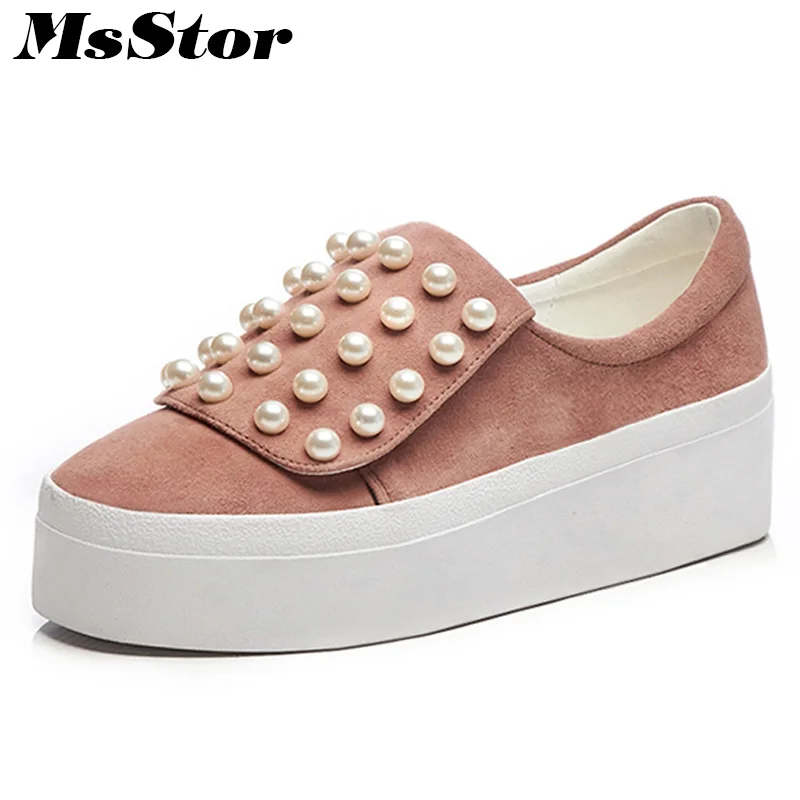 

MsStor Round Toe Platform Women Flats Casual Fashion Ladies Flat Shoes 2018 Spring Pearl Natural leather Women Flat Brand Shoes
