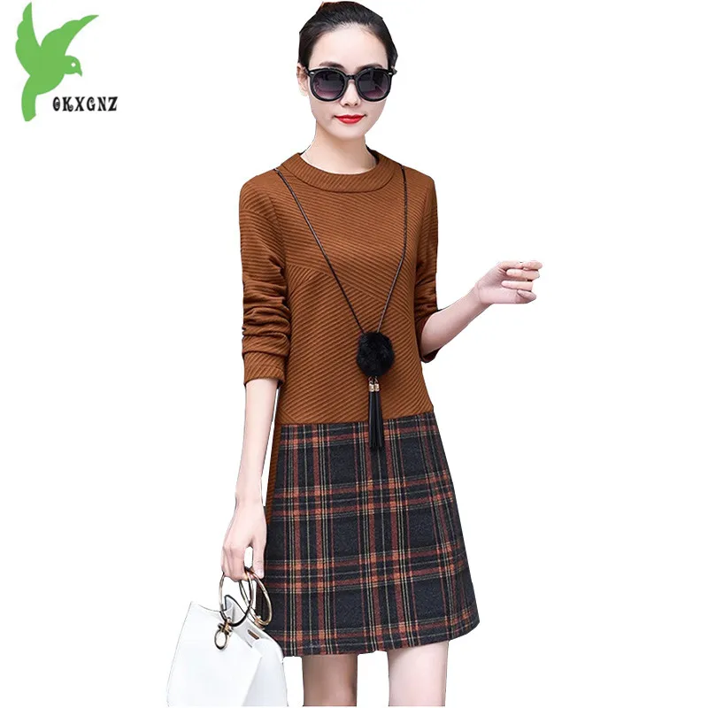 

New Spring Dress Women's 2018 Knit Stitching dress Fashion lattice print Dress Plus size 5XL female dress Slim autumn OKXGNZ1685