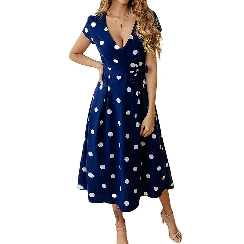 Women Polka Dot Wrap Long Dress Woman Casual Short Sleeve V-Neck Dress Elegant Polka Dot Holiday Beach Dresses Fashion Vestidos