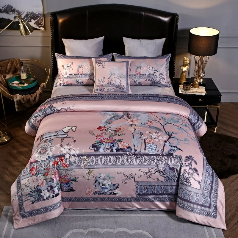 Luxury European Classic War Horse Printing Winter Thick Fleece Fabric Bedding set Flannel Velvet Duvet cover Bed sheet Pillow