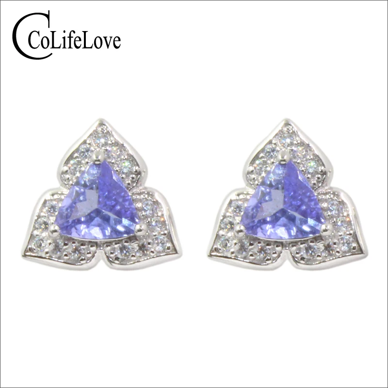 

Fashion silver tanzanite stud earrings for party 5 mm natural Trillion cut tanzanite earrings sterling silver tanzanite jewelry