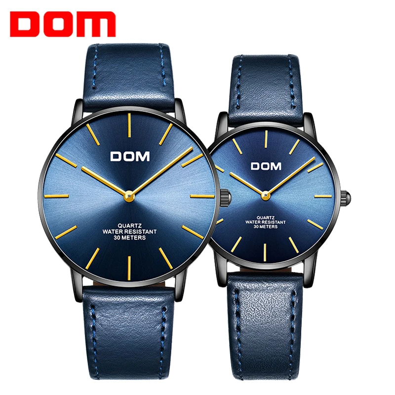 

DOM New Simple Fashion Genuine Leather Couple Quartz Watches Relogio Masculino Ultra-thin Dial 30M Waterproof Lovers Wrist Watch