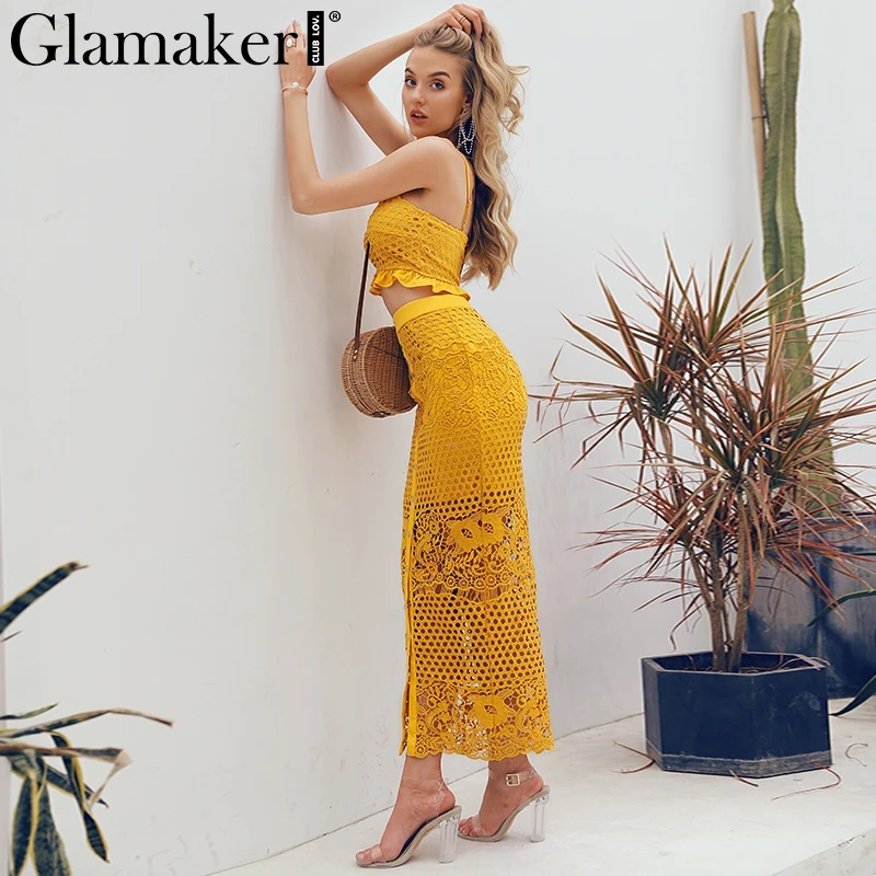 Glamaker مثير الجوف خارج سبليت اثنين من قطعة دعوى فستان طويل النساء كشكش أزرار الصيف الشاطئ اللباس bodycon الأبيض الدانتيل حزب اللباس Glamaker مثير الجوف خارج سبليت اثنين من قطعة دعوى فستان طويل النساء كشكش أزرار الصيف الشاطئ اللباس bodycon الأبيض الدانتيل حزب اللباس